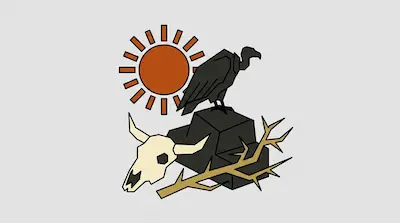 A black vulture perched on a rock next to a cow skull, a dry branch, and a stylized orange sun.