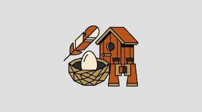 Flat illustration of a wooden birdhouse, a striped feather, and a bird nest with a single egg on a gray background