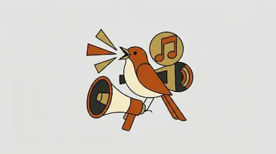 Flat illustration of a singing bird surrounded by a megaphone, musical notes, and sound waves on a gray background
