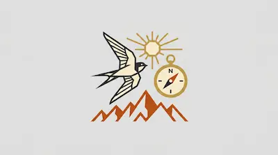 Flat illustration of a swallow flying over orange mountains with a sun and a compass on a light gray background