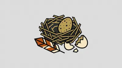 Flat illustration of a bird nest with a speckled egg, a striped feather, and broken eggshells on a gray background