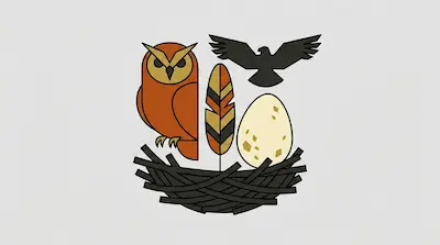 Flat illustration of an orange owl, a speckled egg, and a black bird silhouette in a nest on a gray background