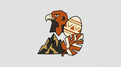 Flat illustration of an eagle head, a patterned egg, a leaf, and jagged mountains in earthy tones on a grey background