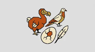 Flat illustration of a dodo bird, a pigeon, a cracked egg, and a single feather on a light gray background