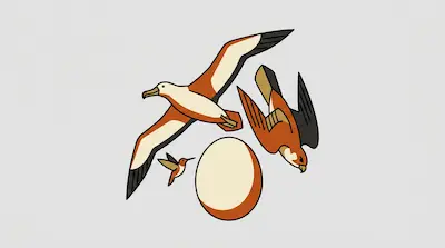 Flat illustration of three orange and white birds flying around a large egg on a light gray background