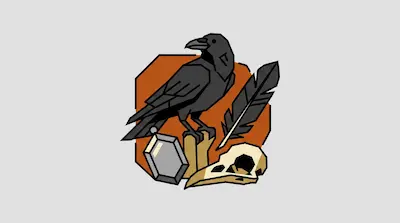 Flat illustration of a black raven perched on a stump with a bird skull, a feather, and a locket on an orange background