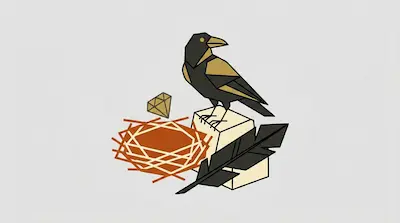 Flat illustration of a geometric black crow perched on a block next to a nest, a diamond, and a large feather