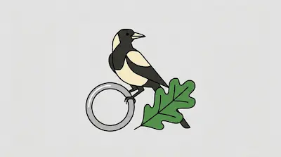 Flat illustration of a black and white magpie perched on a silver ring next to a green oak leaf on a grey background