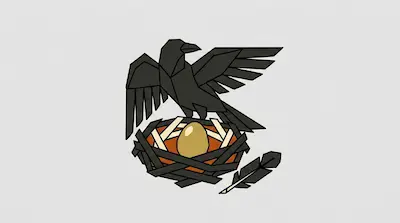 Flat illustration of a geometric black raven perched on a nest containing a single golden egg on a gray background