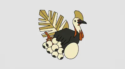 A geometric bird with a tan crest and orange wattles, featuring a large leaf-like tail, a cluster of eyeballs, and a single large egg.