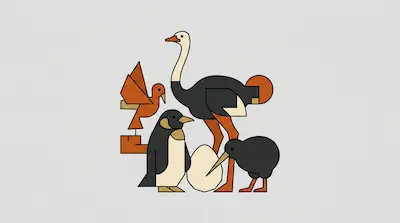 Stylized geometric birds, including an ostrich, penguin, and kiwi, stand around a large egg.