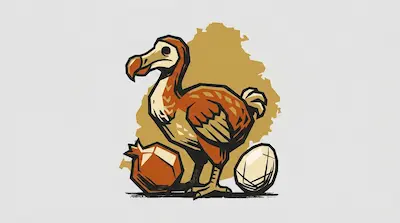 A stout dodo with a hooked beak standing beside a fallen fruit and a large egg against the silhouette of Mauritius on a light gray background.