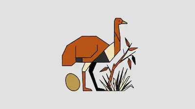 A stylized, geometric bird stands next to a large egg and a small plant.