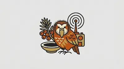 A round kakapo with an owl-like facial disc beside a rimu branch with berries, a saucer-shaped bowl, and a radio transmitter on a light gray background.