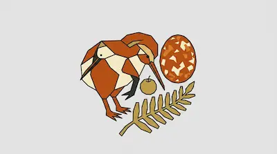 A geometric kiwi bird stands next to a patterned egg, a kiwi fruit, and a fern frond.