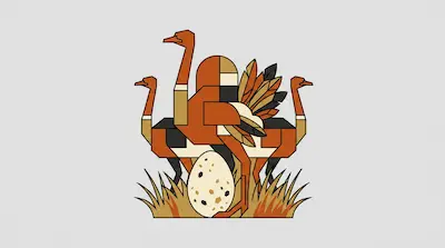 A geometric depiction of three ostriches standing over a large speckled egg in stylized grass.