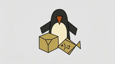 A stylized penguin stands behind a tan box and a tan fish.