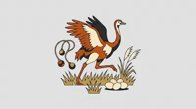 A rhea running with spread wings beside a set of bolas, a cluster of eggs in pampas grass, and tall grass tufts on a light gray background.