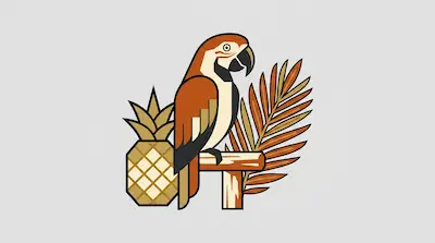 A stylized orange and cream parrot perched on a wooden stand beside a pineapple and a palm leaf.