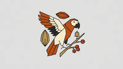 A geometric orange and cream bird perches on a branch with red berries and a small bell.