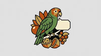 A green Amazon parrot with colorful head markings perched on a branch beside a cracked nut, tropical berries, and a speech bubble on a light gray background.