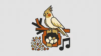 A cockatiel with raised crest and orange cheek patches perched on a branch beside a tree hollow with eggs, scattered seeds, and a musical note on a light gray background.