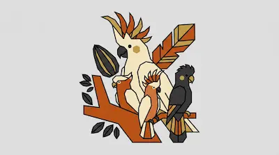 Stylized geometric cockatoos in tan, orange, and black perched on a branch.