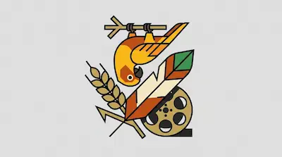 A sun conure hanging upside down from a branch beside a grain stalk, a film reel, and a green-tipped wing feather on a light gray background.