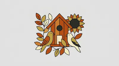 A stylized birdhouse surrounded by two birds, a sunflower, and leafy branches in autumnal colors.