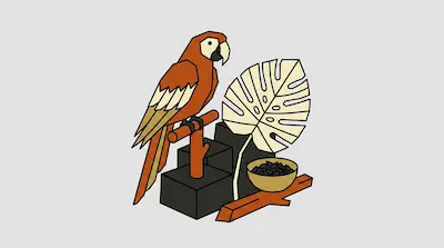 A geometric orange and yellow parrot perches on a wooden stand next to a large monstera leaf and a bowl of seeds.