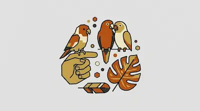A parrotlet perched on a finger beside a bonded pair on a branch, a short tail feather, and a tropical leaf on a light gray background.