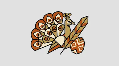 Flat illustration of a geometric peacock with orange feathers, a large quill, and a patterned egg on a gray background