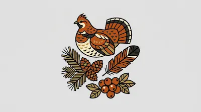 Flat illustration of a ruffed grouse, a pine branch with cones, and a single feather on a light gray background