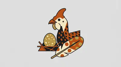 Flat illustration of a stylized spotted hen next to a speckled egg in a nest and a large feather on a gray background
