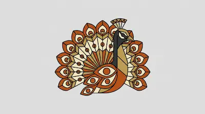 Flat illustration of a stylized peacock with orange and gold geometric feathers on a light gray background