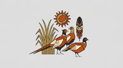 Flat illustration of three geometric pheasants, a sun, and tall grass in earth tones on a light gray background