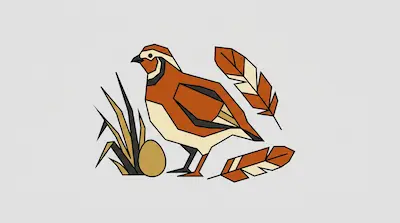 Flat illustration of a geometric quail bird standing near an egg, feathers, and tall grass on a light gray background