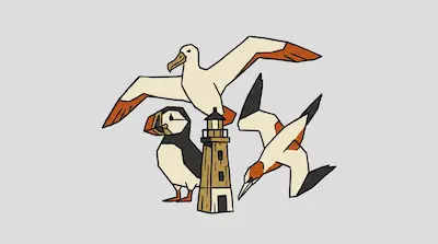 Flat illustration of a puffin, a seagull, and a diving gannet surrounding a small lighthouse on a gray background