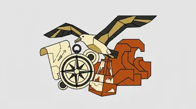 Flat illustration of a geometric seagull flying over a compass, a map, and stylized orange waves on a gray background