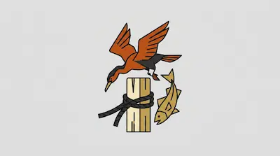 Flat illustration of an orange bird diving toward a wooden post with a rope and a jumping fish on a gray background