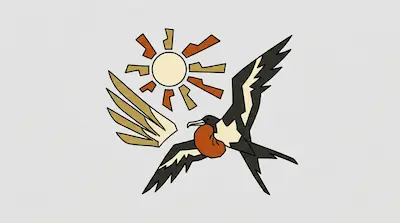 Flat illustration of a frigatebird with a red throat pouch flying under a geometric sun on a light gray background