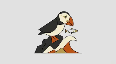 Flat geometric illustration of a puffin bird standing on a rock with a small fish on a light gray background