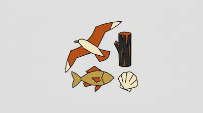 Flat illustration of a seagull, a fish, a seashell, and a wooden post on a light grey background