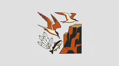 Flat illustration of two orange and white birds flying near a rocky cliff with a fish and white leaves on a gray background