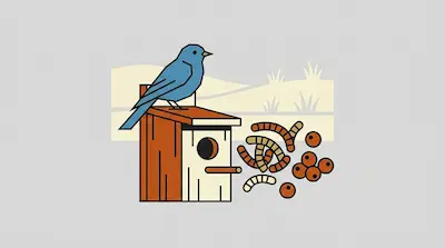 A bluebird perched on a wooden nesting box beside mealworms and scattered berries against an open grassland silhouette on a light gray background.