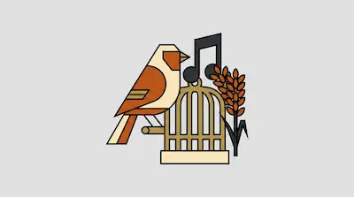 A stylized bird perched on a birdcage next to a musical note and a stalk of grain.