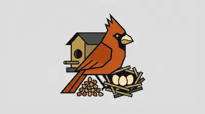 A red male cardinal with a pointed crest perched between a seed-filled bird feeder and an open-cup nest with eggs on a light gray background.