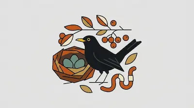 A glossy black male blackbird with a yellow beak perched on a cup-shaped nest with bluish-green eggs beside a berry branch and an earthworm on a light gray background.