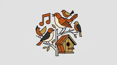 Four geometric birds perched on a tree branch with a birdhouse and a musical note.