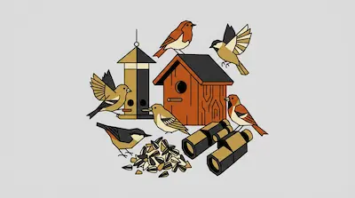 Stylized birds surround a birdhouse, bird feeder, binoculars, and a pile of seeds.